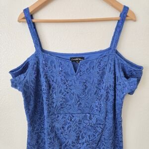 Chic Blue Lace Cold Shoulder Blouse